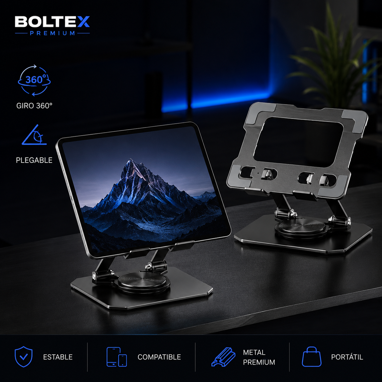 Soporte Premium Metálico 360° para Tablet y Celular