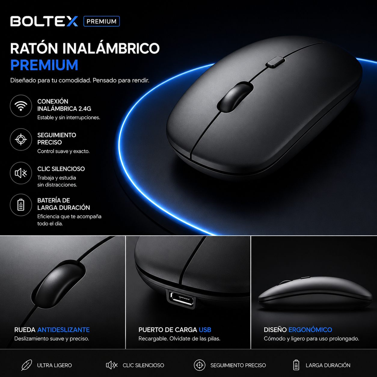 Mouse Inalámbrico Recargable Silencioso