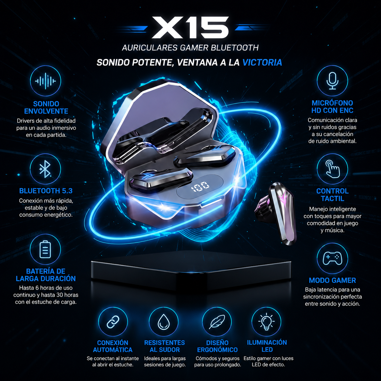 Auriculares gamer Bluetooth X15 con iluminación y micrófono