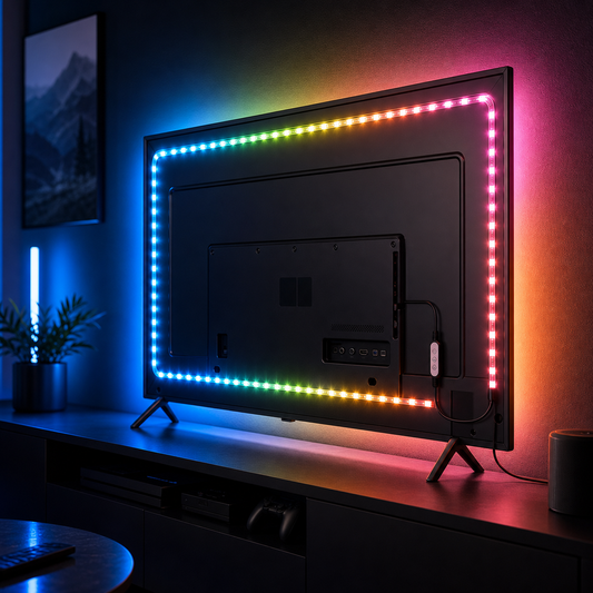 Tira LED RGB instalada detrás de una pantalla