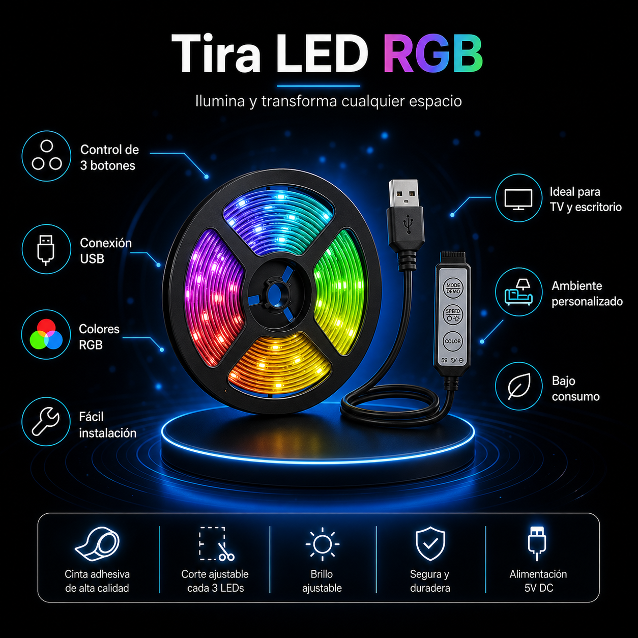Tira LED RGB USB para TV y Habitación